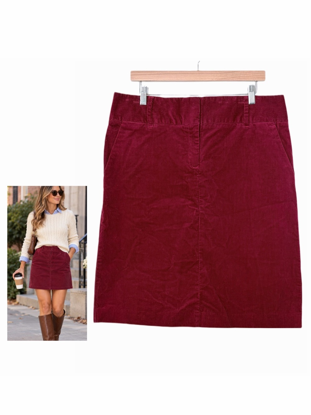 Tommy Hilfiger Vintage Stretch Corduroy Straight Skirt Burgundy Size 14 Pockets